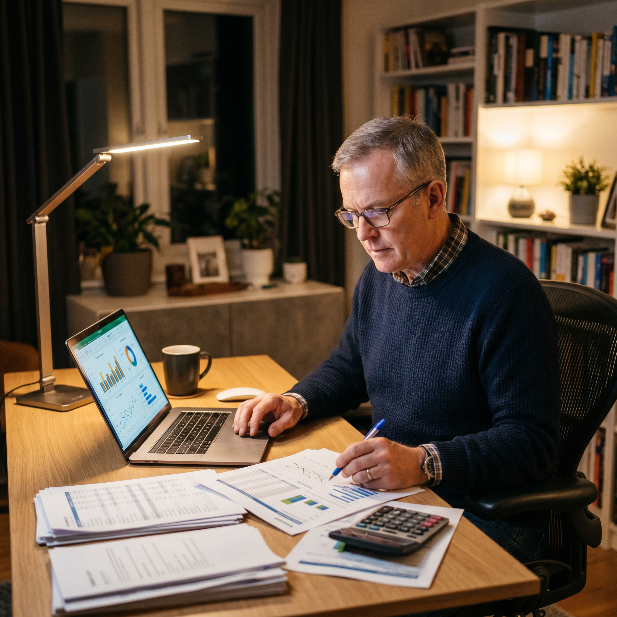 Man reviewing his monthly financial overview on a laptop